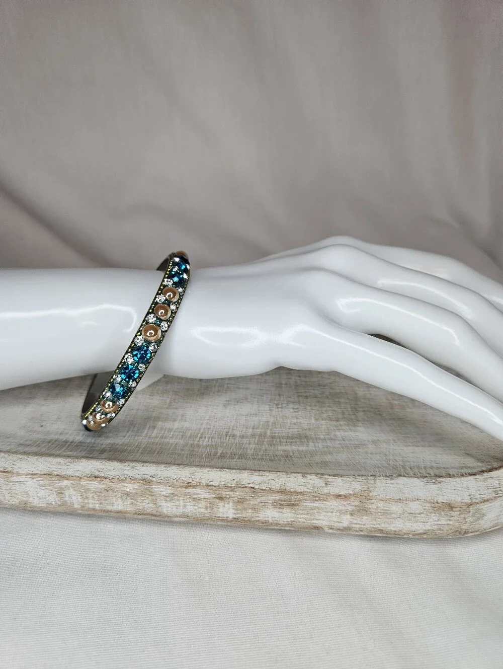 Vintage Gold Teal Crystal Rhinestone Bangle Bracelet Antique Boho Beaded Trim